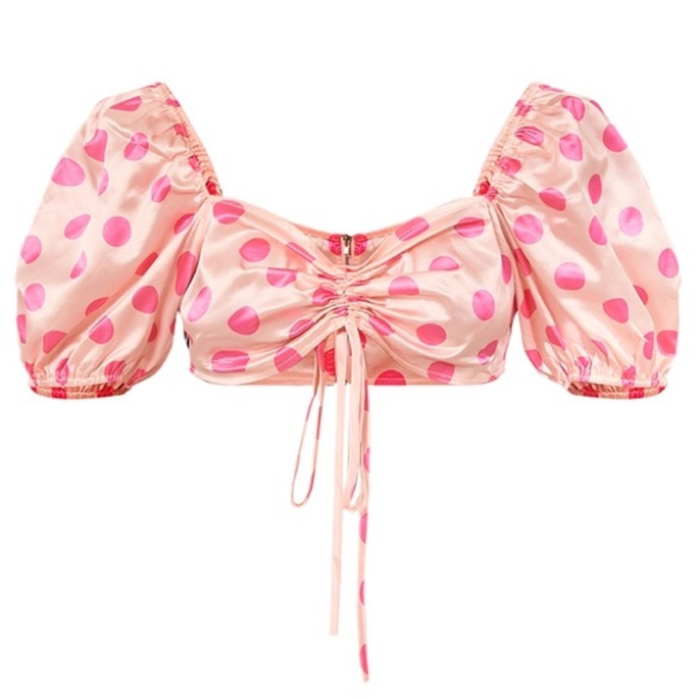 Light Pink Polka Dot Printed Satin Ruched Tie Front Puff Sleeve Crop Top